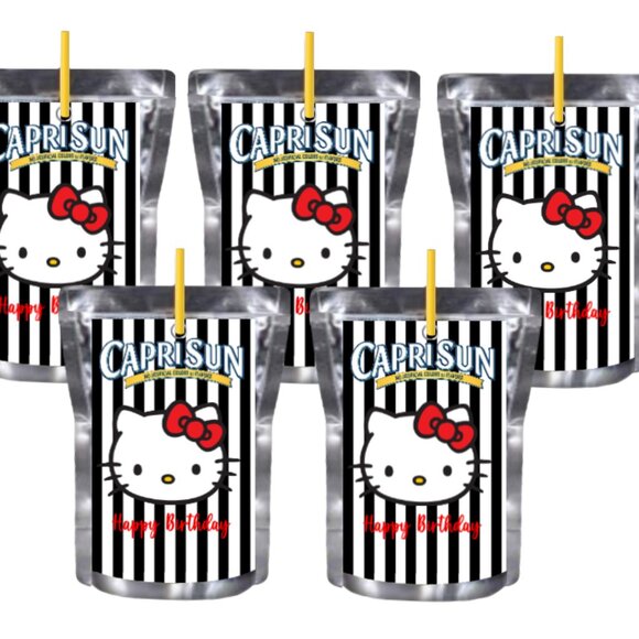 Custom Kitty Birthday Edition Juice Pouche Labels, Black and White Striped 12pcs - Picture 2 of 4
